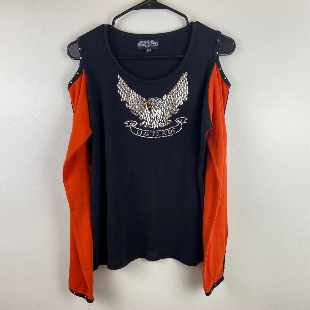 🏍️🛣️Live to Ride Embellished Cold-Shoulder Long Sleeve Tee - Black & Orange